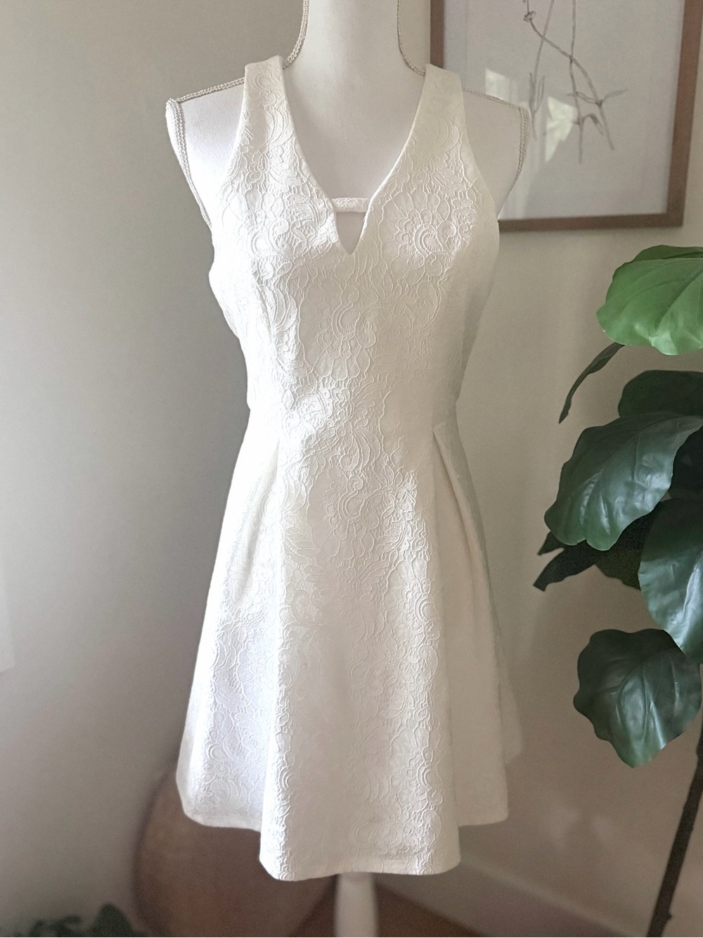 Francesca's Lace V-Neck Sleeveless Overlay Dress Knee Length Creme White Size M